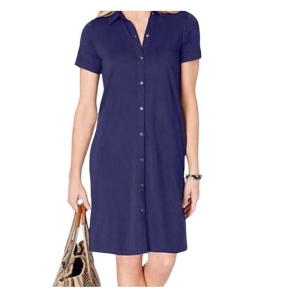 J. Jill Women Short Sleeve Button Front Sheath Dress Career Formal Blue Size 8